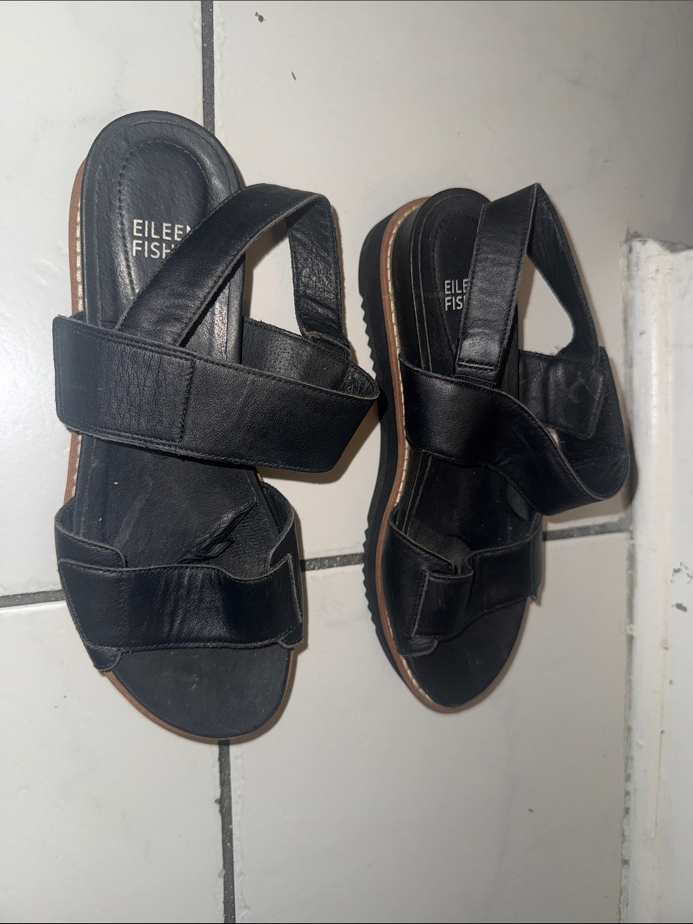 Eileen Fisher Black Leather Velcro Slide Sandals